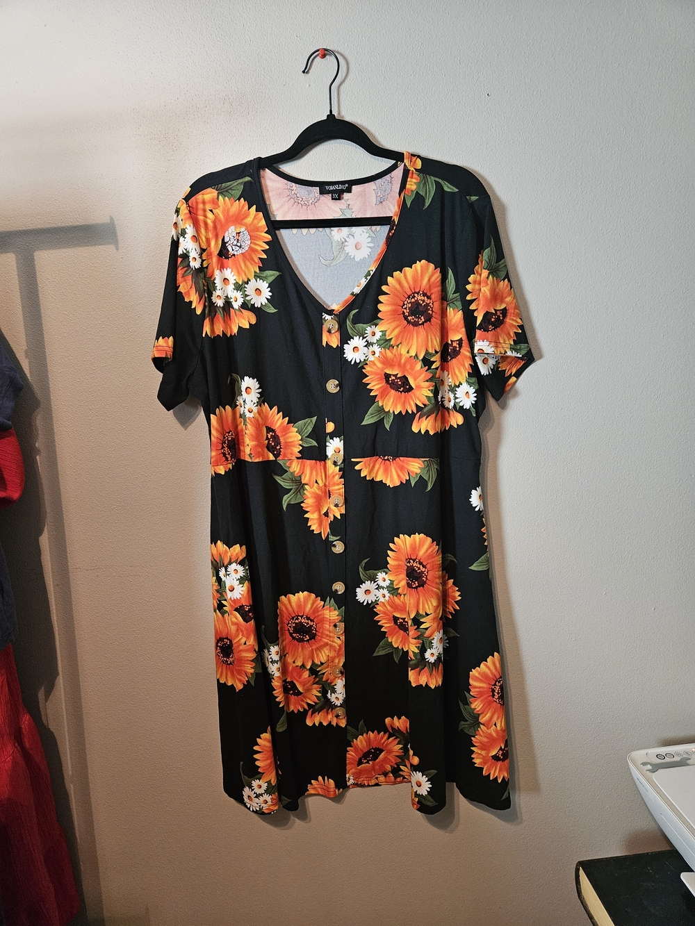 Vanity Black Mini Dress with Bold Orange Sunflower Print